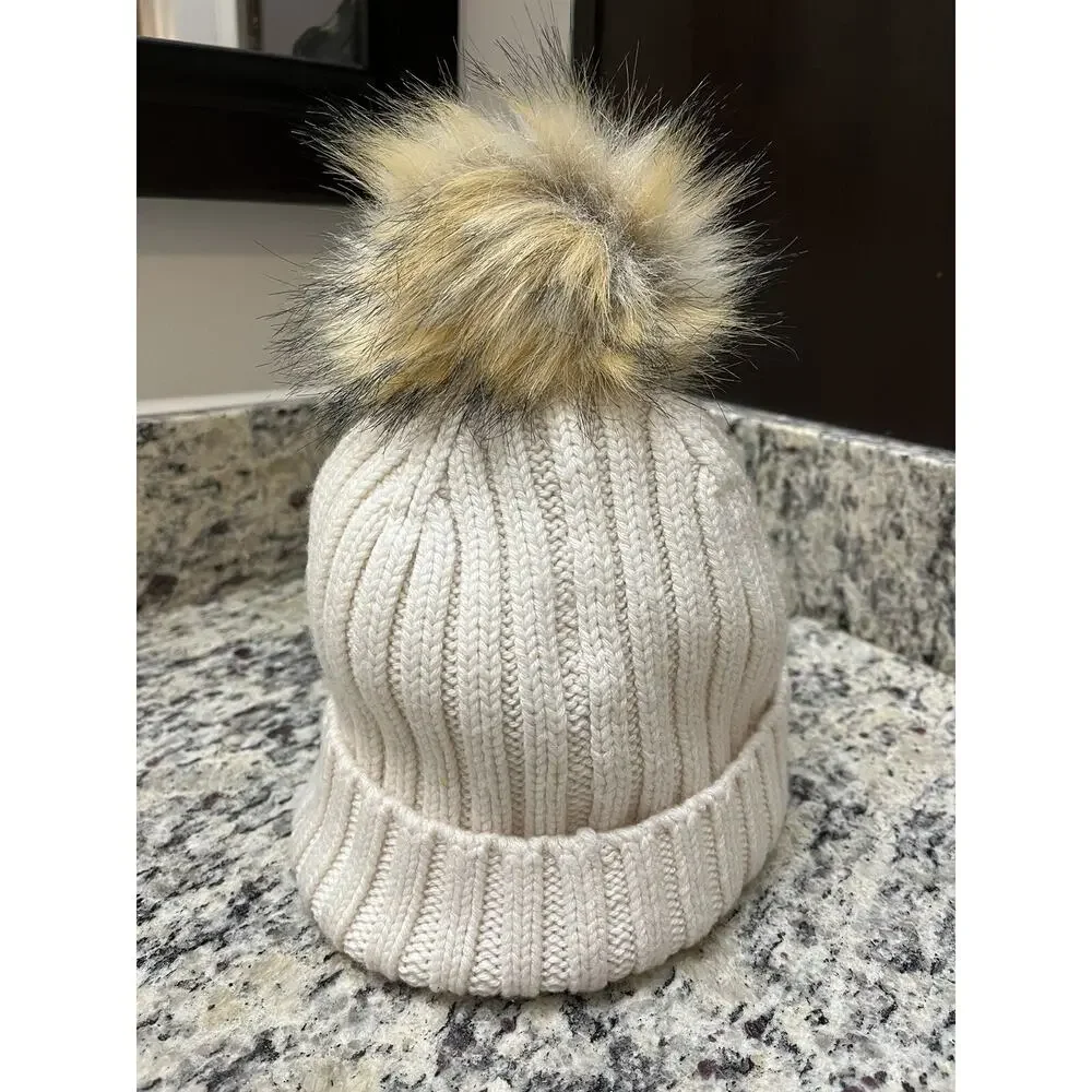 J CREW Hat Womens OS Ribbed Cuffed Pom-Pom Beanie NWOT Knit Cotton Ivory